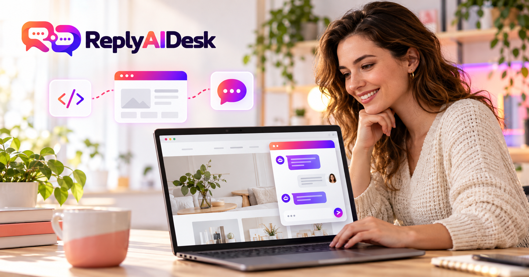Small-business owner adding a ReplyAIDesk AI chatbot to a website on a laptop, with the live chat widget visible