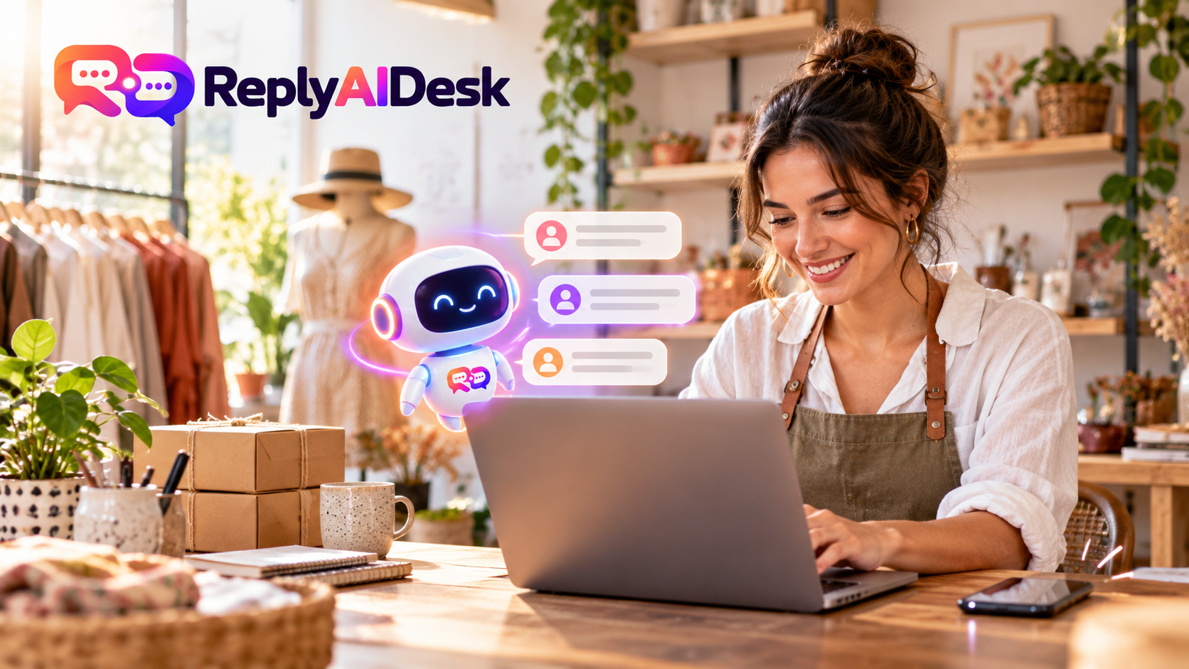 Small-business owner using a ReplyAIDesk AI chatbot to answer website enquiries from her boutique